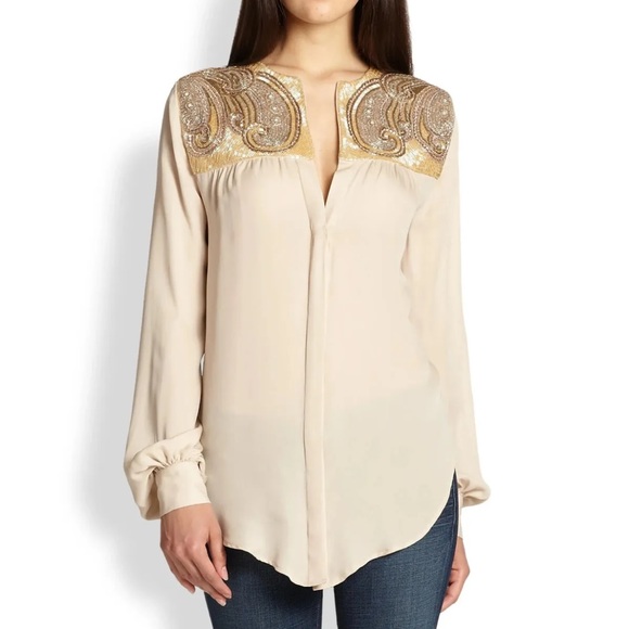 Haute Hippie Embellished Scarab Paisley Beaded  Silk Blouse - Picture 1 of 1